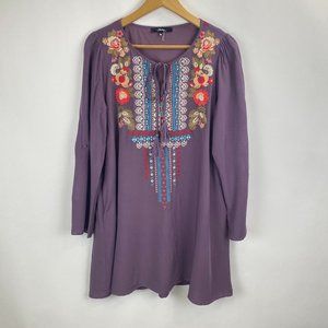Andree by Unit Embroidered Purple Tab Sleeve Tunic Mini Dress